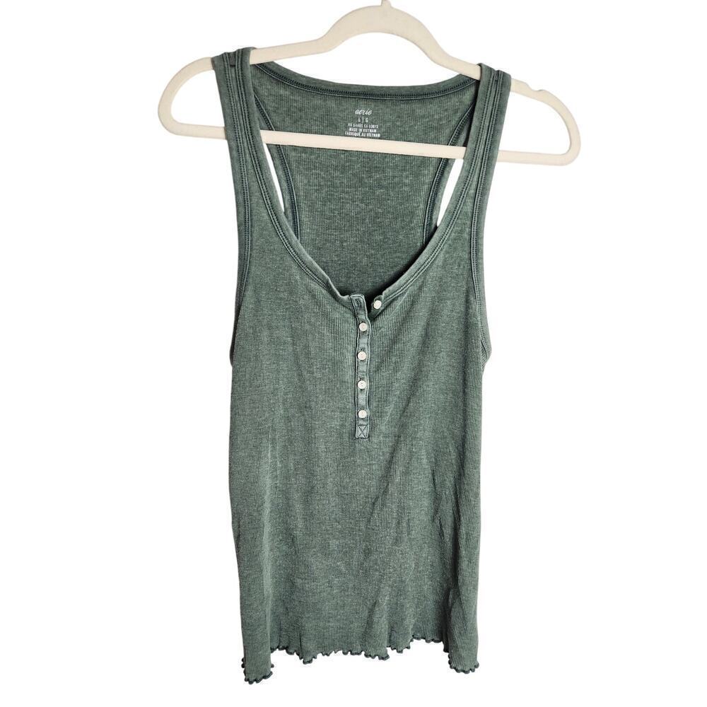 Aerie button front tank sz L lettuce hem Y2K green 90's beachy boho grunge